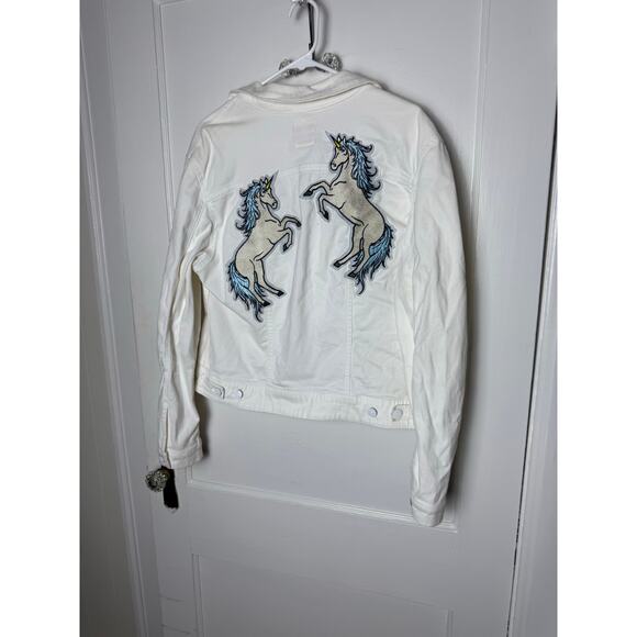 Lularoe White Denim Jean Jacket Unicorn Patch Boxy Stretch Women's XL - Picture 2 of 6
